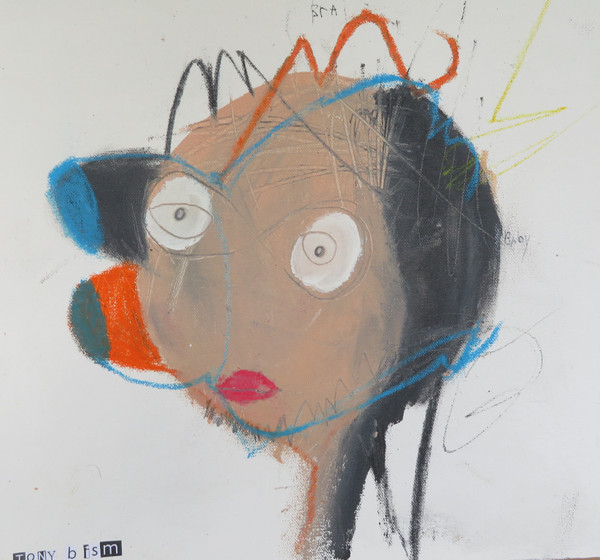 All She Wore Was A Blue Bra - Mixed Media on Unstretched Canvas, 14 x 14"