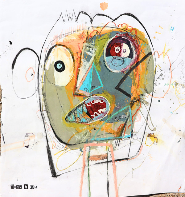 Abstract mixed media portrait on paper featuring a colorful expressive face with grey, slate blue, orange, maroon, and turquoise tones, large asymmetrical eyes, a distorted open mouth with visible teeth, and fragmented facial features that evoke the feeling of double vision. Layered textures, expressive black lines, scribbled text, and energetic brushstrokes create a chaotic composition against a white background, while the jagged paper edges reinforce the artwork's raw, unfiltered character. Part of the artist's Heads Series by TonyISM.