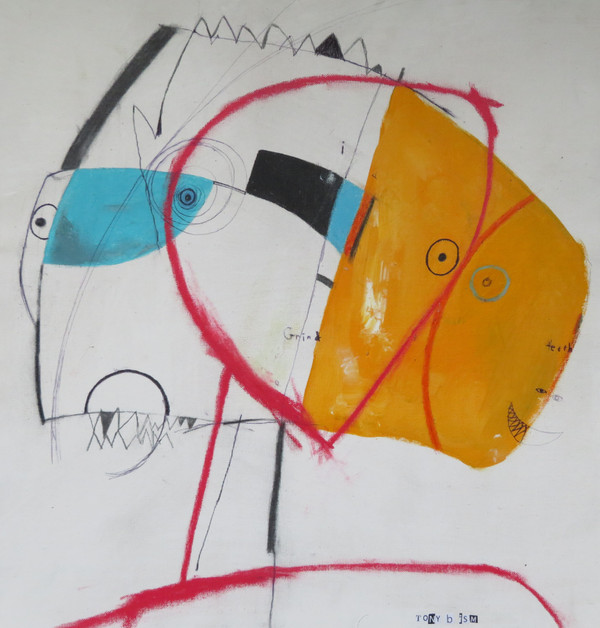 Grinding Teeth Again - Mixed Media on Unstretched Canvas, 19 7/8 x 21"