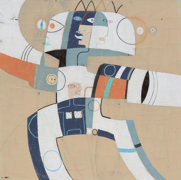 "We Are Many Things" by TonyISM is a 48 x 48-inch mixed media abstract expressionist painting featuring layered geometric faces in shades of blue, white, orange, and black against a textured beige background. Symbolic circles, expressive linework, and handwritten words including "find," "free," and "be free" represent identity, self-discovery, and personal freedom.
