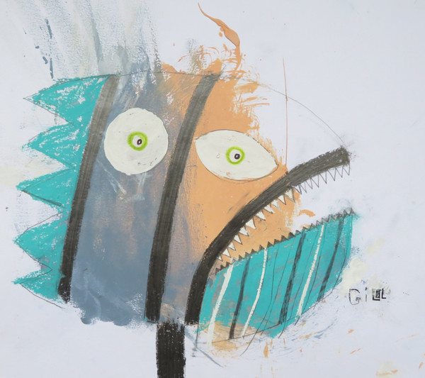 His Name Was Gill, And Oddly Enough He Looked Like A Fish - Mixed Media on Paper, 12 1/4 x 11"