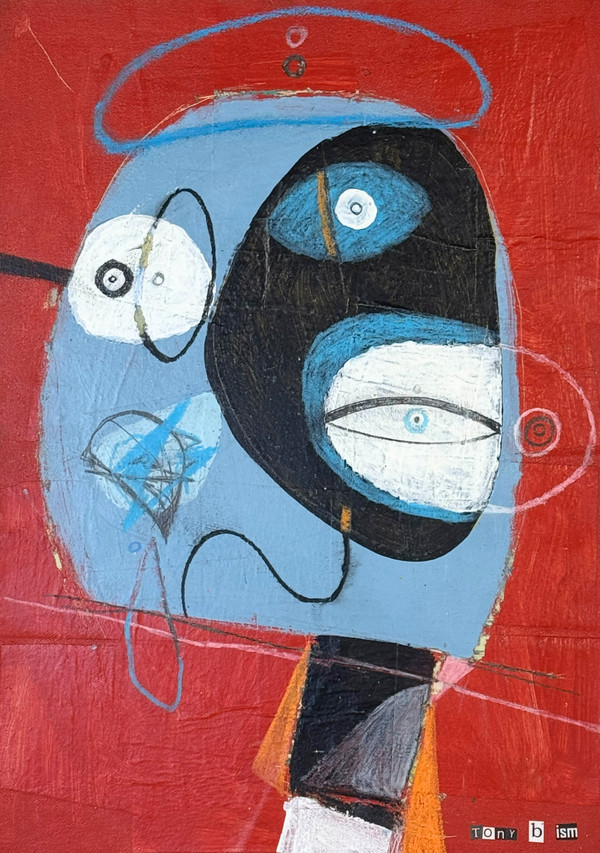 This piece is on Mixed Media on Unstretched Canvas with a rich red background and abstract face.