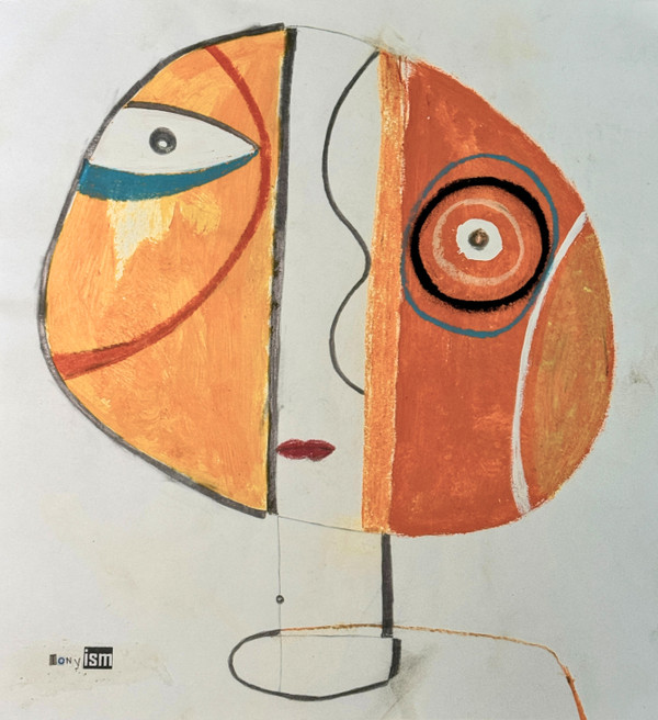 Before She Knew on paper, mixed media, bright oranges, white background,