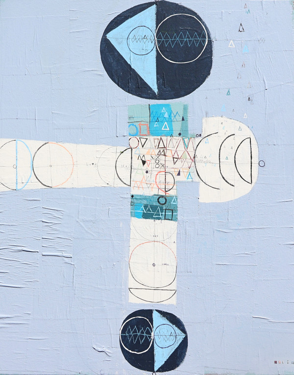 Large textured abstract painting on gallery wrapped canvas with light blue background and layered blue tones in an expressive composition.