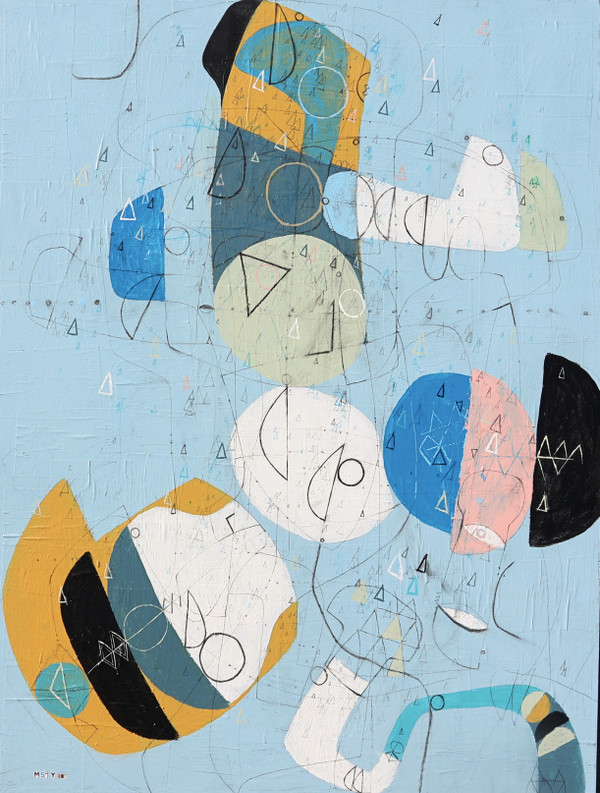 Large colorful abstract painting on gallery wrapped canvas with textured light blue background and expressive shapes in yellow, pink, black, beige, and white.