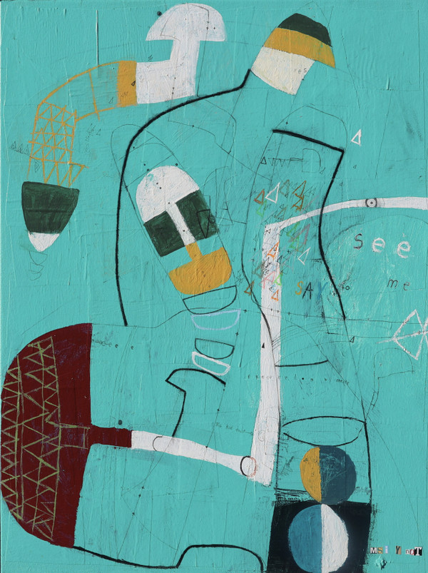 "If" is a contemplative and uplifting reflection on belief, connection, and purpose. Though smaller in scale, this mixed media abstract radiates depth and meaning, featuring a bold turquoise background that anchors a collection of etched messages and poetic phrases.