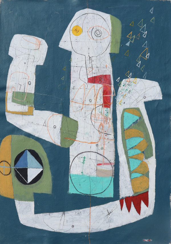 Medium-sized abstract mixed media painting on unstretched canvas with ashy blue-grey background, scratched text, and accents of green, yellow, red, and turquoise.