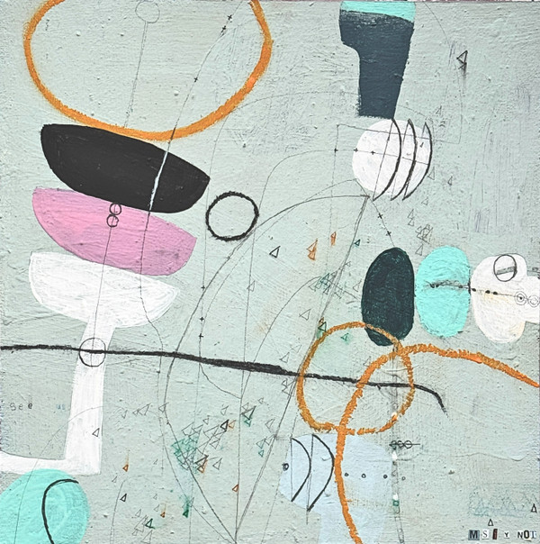 Small abstract mixed media painting on canvas panel with pale green background and bold accents of pink, turquoise, and orange in an expressive composition