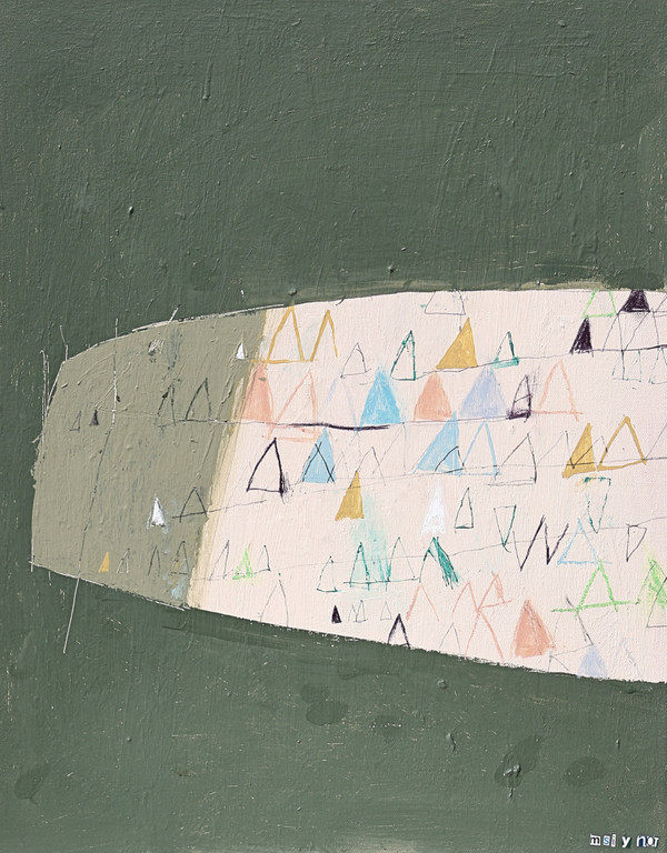 "The Awareness" mixed-media artwork from the Positive Realms Series featuring a light olive-green background with a sweeping beige and gray central form covered in hand-drawn and painted triangles in muted blue, turquoise, mustard yellow, and soft pink.