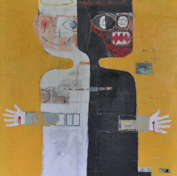 Acrylic, Oil Stick, Charcoal Pencil and Collage on Canvas.  Gallery Wrapped.  36 x 36"