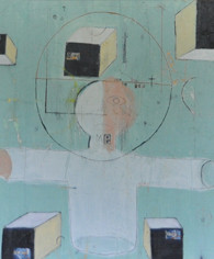 Acrylic, Oil Stick, Pencil and Collage on canvas.  Gallery Wrapped.  30 x 30"