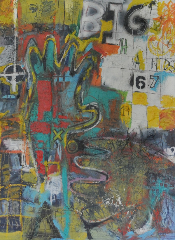 Acrylic & Spray Paint
41 x 31 inches (L x W)
Foam Board, Framed

Big Hands Poem:

Little one reach out
Break the fear of doubt
Little one hold on
All your fears will be gone
Little one hold tight
Whispered words will make right
Tuck away your little hand
Into mine, I'll help you stand