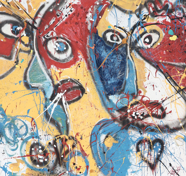 "Lovers Spat" by TonyISM, a large 48 x 49½-inch abstract expressionist acrylic painting featuring two expressive faces with exaggerated eyes, layered textures, energetic paint splatters, and bold shades of red, blue, yellow, white, and black on a gallery wrapped canvas.