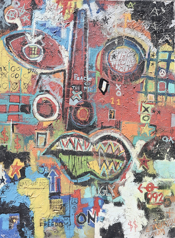 Large TonyISM original mixed media abstract expressionist painting titled “Ugly” featuring colorful graffiti-inspired layers, expressive text, a central face, heavy texture, and vibrant red, blue, orange, yellow, green, black, and white tones on a 48 x 36 inch gallery wrapped canvas.