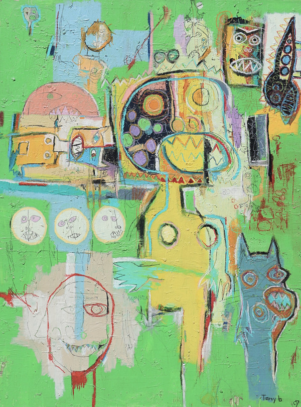 "A Childs Imagination" is a 48 x 36-inch mixed media abstract expressionist painting featuring a frightened child surrounded by colorful monsters, aliens, lizards, and expressive faces. Bold neon green, bright yellow, blues, reds, oranges, pinks, and purples combine with heavy texture, layered markings, and whimsical imagery to explore the limitless creativity and emotional complexity of childhood imagination.