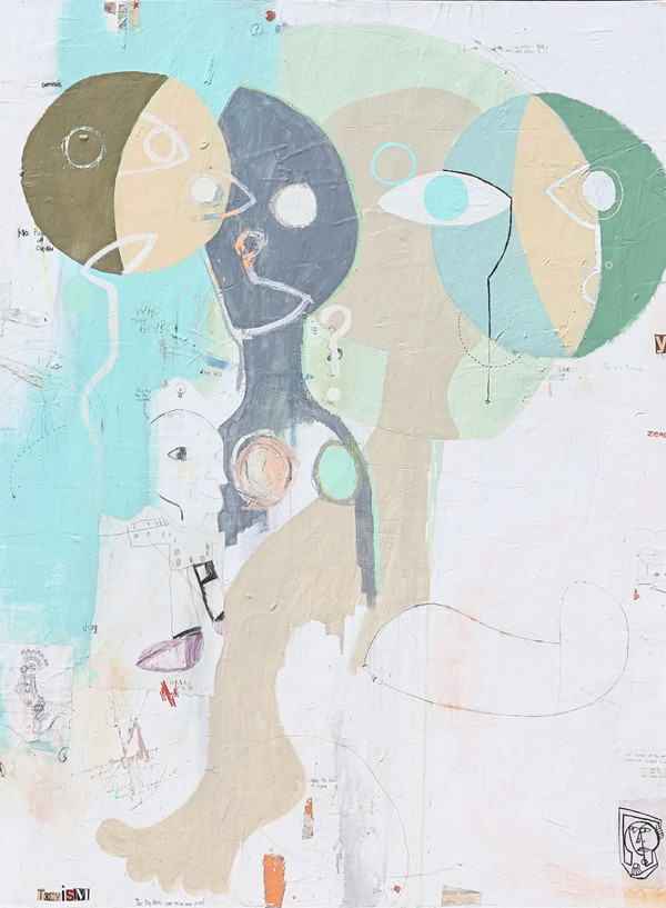 "Who Made You?" is a 48 x 36-inch mixed media abstract expressionist painting featuring four stylized faces layered with geometric shapes, handwritten philosophical text, and soft shades of light green, beige, gray, aqua, and purple. The artwork explores themes of existence, creation, free will, and spirituality through expressive textures and symbolic imagery.