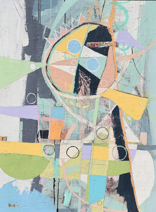 "Yellow Scarf" by TonyISM is a large mixed media abstract painting featuring rich texture, pastel yellow, blue, green, and pink tones, and expressive layered shapes inspired by a child joyfully playing outdoors in winter while wearing a yellow scarf. Framed in black, the artwork measures 49 x 37 1/4 inches and is ready to hang.