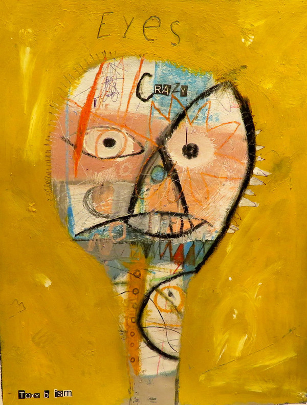 Crazy Eyes is a favorite created with the use of Mixed Media on Unstretched Canvas, its use of color really stands out and blends well together.