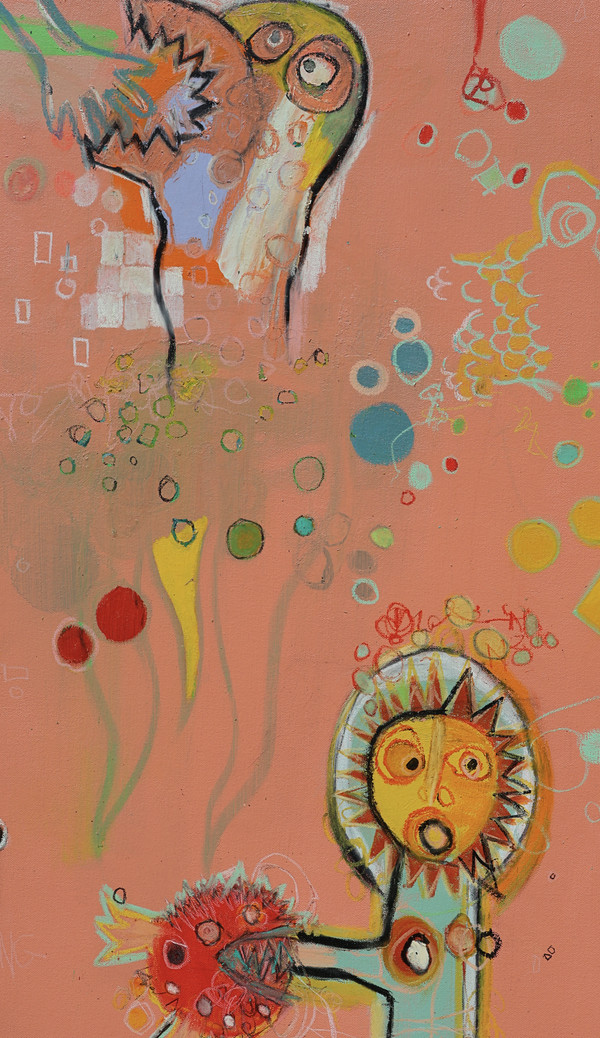 "Petting Zoo" is a 36 x 48-inch mixed media abstract expressionist painting featuring colorful imaginary animals, a puffer fish, an alligator, and other whimsical creatures with exaggerated teeth and expressive faces. Set against a vibrant peachy-pink background with neon greens, yellows, oranges, blues, and layered textures, the artwork humorously explores curiosity, risk, and the consequences of ignoring warning signs.
