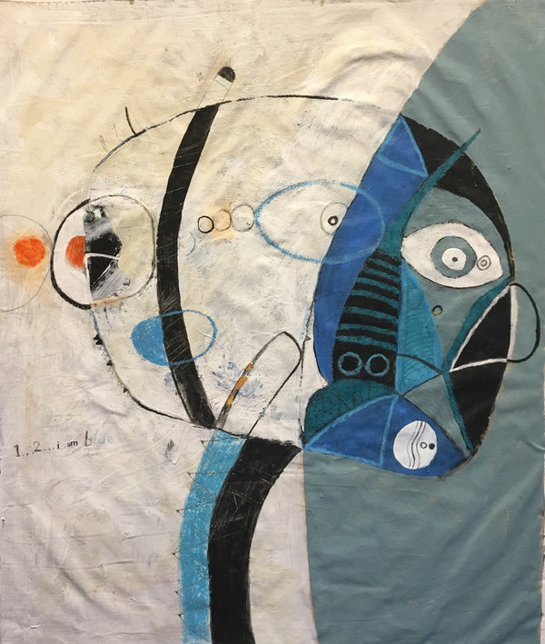 Mr. Blue - Mixed Media on Unstretched Canvas, 17 3/8 x 21"