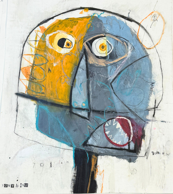 Don't Follow Me! is a very eye-catching piece with an amazing color palette. Mixed Media on Paper, 17 x 18 1/2"