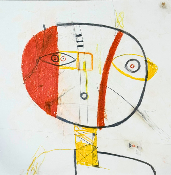 This piece is created with Mixed Media on Paper.  White background with bright orange and yellows as the primary colors.