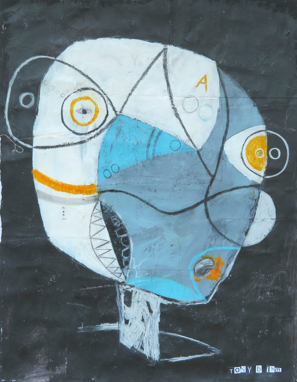 Abstract artist postmoderntonyb and Tonyism created "Carly Ate It!" in his head series with Mixed Media on Paper.  The art includes a distressed black with brilliant blues and yellows in the head graphic.