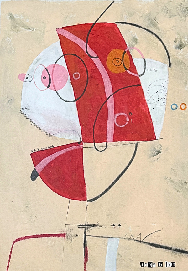 Cute As A Button # 2 is very eye catching with its color contrasts.  Mixed Media on Unstretched Canvas,  12 1/2 x 15"