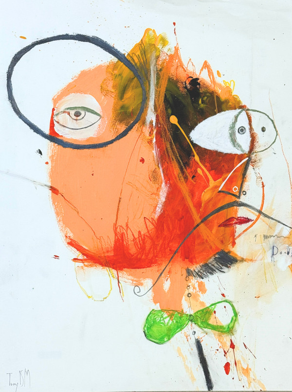 Dandy Man is painted on paper with mixed Media and contains very bright colors. Green bowtie.