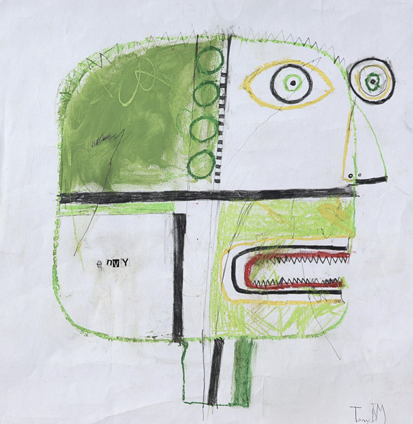 Abstract mixed media artwork on paper depicting a fragmented green face with a wide hypnotic eye, sharp geometric teeth, yellow accents, and layered graphite textures.