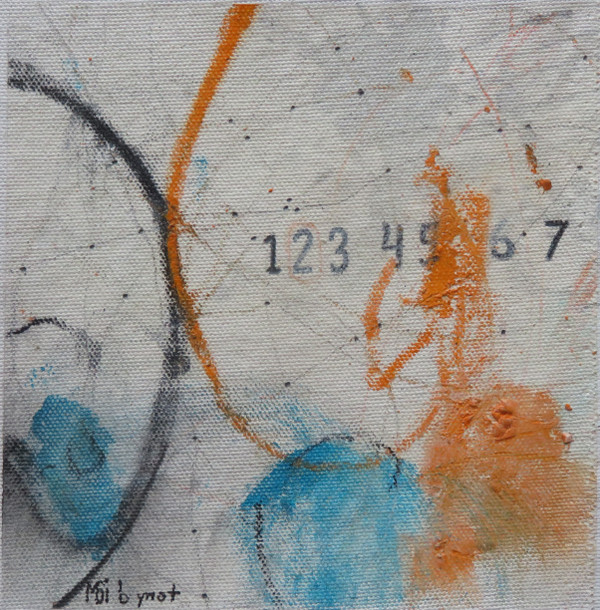 Small abstract splatter painting on unstretched canvas with white background and orange and blue circular paint splatters