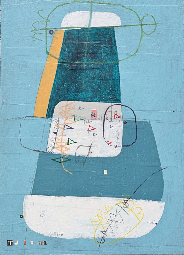 Inspirational abstract painting on canvas panel with soft light blue background and calming minimalist composition.