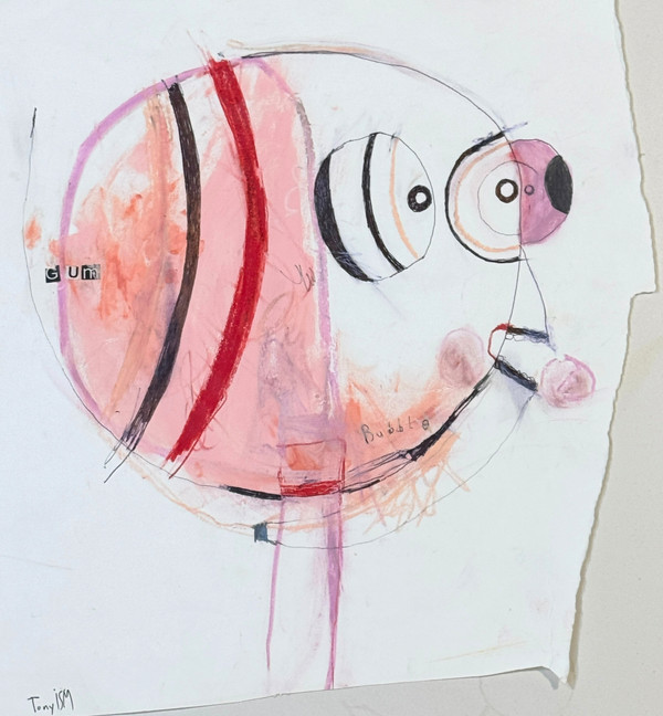 Artist Tonyism reminds views of our youth chewing a wad of bubble gum and blowing bubbles.   It is created on paper and ready to custom frame by a collector who loves childhood memories and loves the color pink.