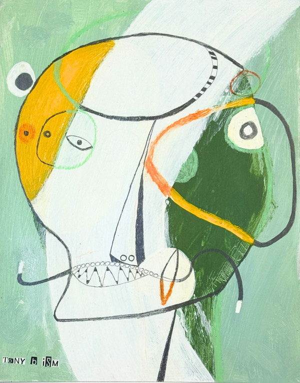 Artist Tonyism shows a head had a cool inviting mint green background with a eye-catching blend of colors in the head including a dark yellow and dark green.