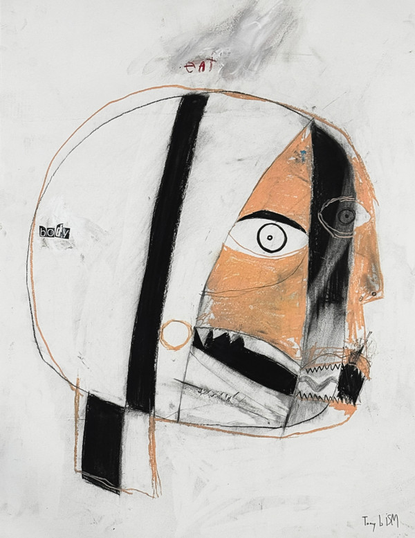 Artist Tonyism created this piece and is apart of his heads series.  The artist provides  isolation of the head, drawing attention to its expression. Black and White, peachy. minimalist.