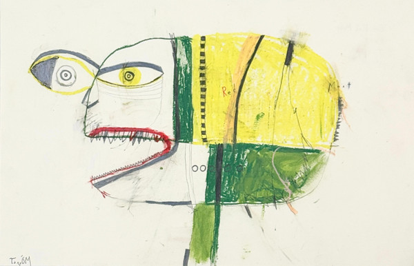 Artist Tonyism, skull collection apart of his heads series.  bright yellow and shades of green command attention. Pencil and mixed media, bright red lips, bold colors.