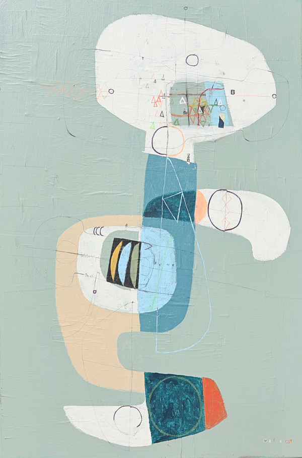 Abstract mixed media painting on gallery wrapped canvas with sea green background and dynamic textured forms symbolizing growth and perseverance