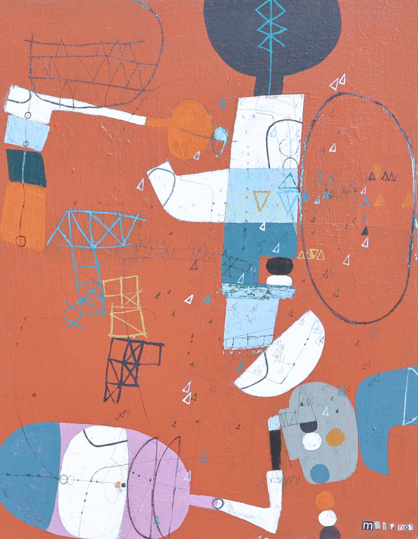 Abstract mixed media painting on canvas panel with deep red background and expressive shapes in orange, blue, lavender, and white.