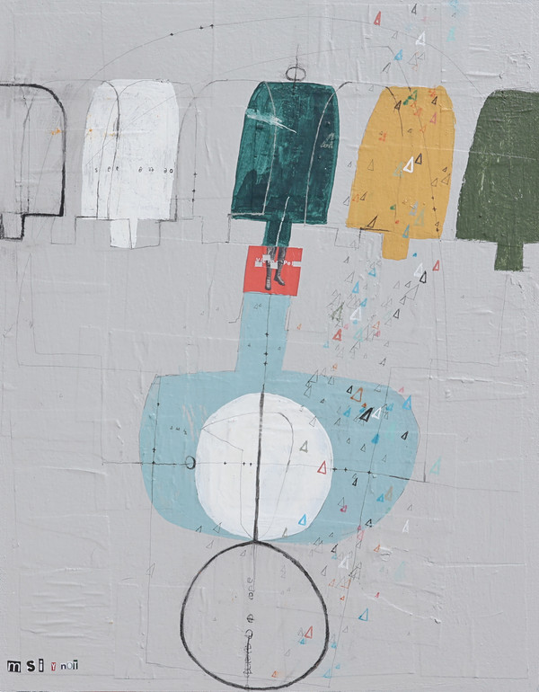 Abstract mixed media painting on canvas panel with light grey background and expressive figures with pops of orange, blue, yellow, and green