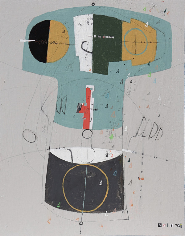 Mixed media artwork “Foundation” from Creative Realms series featuring layered geometric shapes on a canvas panel with light grey background, light blue and mustard yellow forms, small red accents, and dark grey/black neutrals with white highlights (20 x 16 in).
