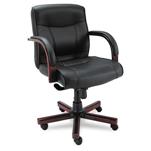 Alera Madaris Series Mid-back Knee Tilt Bonded Leather Chair, Wood Trim, Supports 275 Lb, Black Seat/back, Mahogany Base Alera Madaris Series Mid-back Knee Tilt Bonded Leather Chair, Wood Trim, Supports 275 Lb, Black Seat/back, Mahogany Base