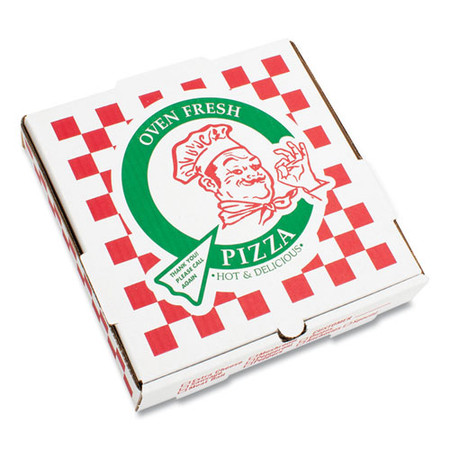 Corrugated Kraft Pizza Boxes, B-flute, White/red/green, 18" Pizza, 18 X 18 X 2.5, 50/carton
