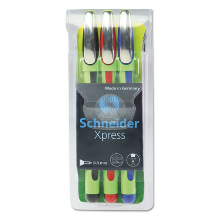 Xpress Fineliner Porous Point Pen, Stick, Medium 0.8 Mm, Assorted Ink Colors, Green Barrel, 3/pack