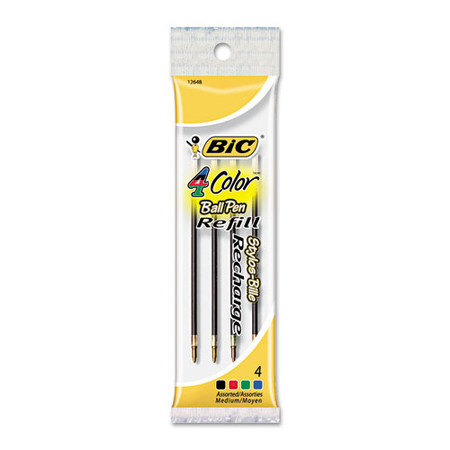 Refill For Bic 4-color Retractable Ballpoint Pens, Medium Conical Tip, Assorted Ink Colors, 4/pack