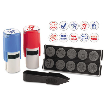 10-in-1 Teacher Stamp, Self-inking With 10 Dies, 5/8" Diameter, Blue/red