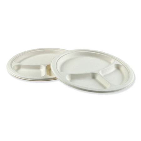 Bagasse Dinnerware, 3-compartment Plate, 10" Dia, White, 500/carton