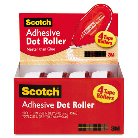 Double-sided Adhesive Roller, 0.3" X 49 Ft, Dries Clear, 4/pack