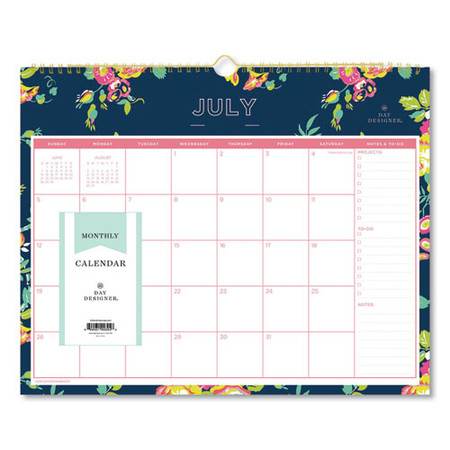 Day Designer Academic Year Wall Calendar, 15 X 12, Navy/floral, 2021-2022
