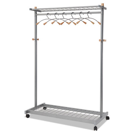 Garment Racks, Two-sided, 2-shelf Coat Rack, 6 Hanger/6 Hook, 44.8w X 21.67d X 70.8h, Silver Steel/wood