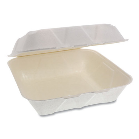 Earthchoice Bagasse Hinged Lid Container, Dual Tab Lock Large Container, 9 X 9 X 3.5, Natural, 150/carton